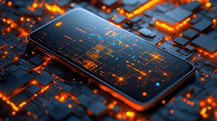 Smartphone on glowing circuit board.