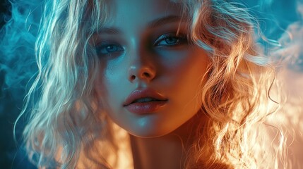 Naklejka premium Enigmatic portrait of a woman with glowing hair and smoke