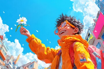 Fototapeta premium Smiling boy shyly offers flower to crush in sunny schoolyard moment