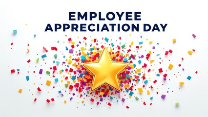 Employee Appreciation Day. Golden star surrounded by colorful confetti exploding on a white background, celebrating employee appreciation day, symbolizing recognition and gratitude for hard work