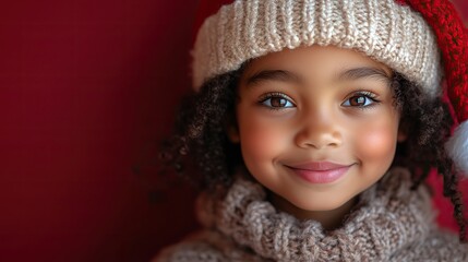 smiling african american child in santa hat looking at camera isolated on red