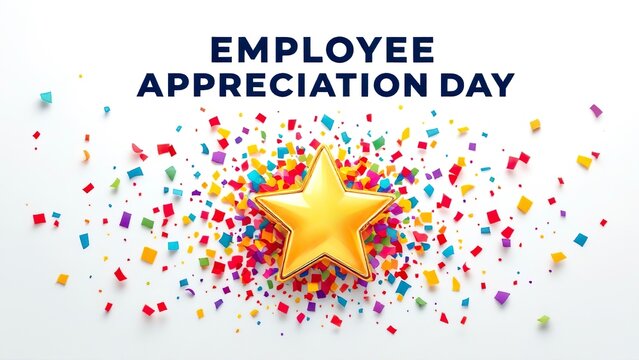 Employee Appreciation Day. Golden star surrounded by colorful confetti exploding on a white background, celebrating employee appreciation day, symbolizing recognition and gratitude for hard work