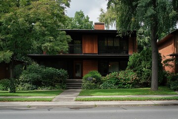 Mid-century modern home, brick facade, lush greenery