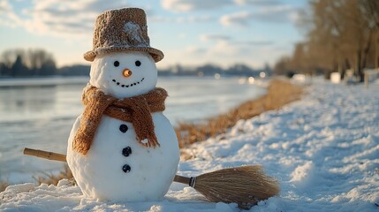 snowman with a broom on a background of the winter landscape