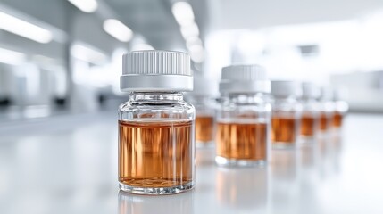 Amber liquid in vials, lab setting, research, production