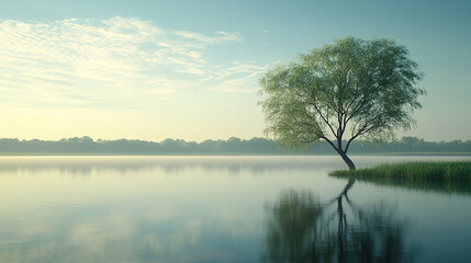 A lone willow tree with gracefully flowing branches