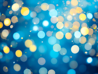 Fototapeta premium Festive Blue and Yellow Bokeh Background with Sparkling Lights and Stars, Abstract Celebration Backdrop for Holiday, Party, and Event Design