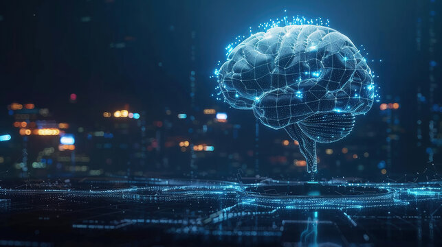 Double exposure of desktop with computer and brain drawing hologram.