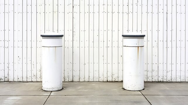 Two weathered white bollards stand symmetrically against a pale wood backdrop bathed in soft light. AI Generated