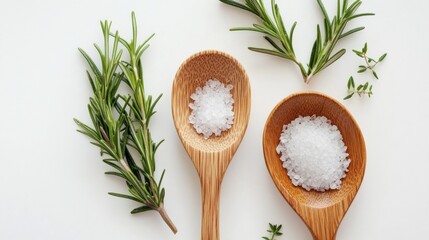 Salt, rosemary, thyme on spoons, white background. Food photography