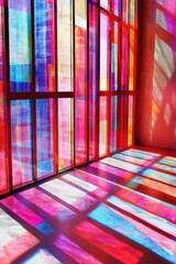 Colorful reflections of light in a transparent geometric layout against a frosted glass surface