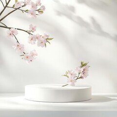 Minimal white podium with blooming cherry blossom branches, soft natural lighting, elegant springtime display