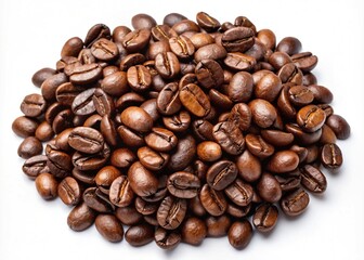 Obraz premium Fresh Roasted Coffee Beans Piled Up isolated on white background-A close-up view of freshly roasted coffee beans arranged in a neat pile on a white background.