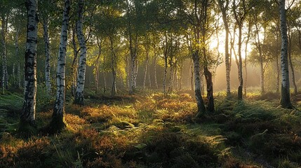 Impressionist painting of a birch forest with sunlight filtering through green foliage. Textured oil strokes create a vivid and artistic depiction of nature. Generative AI