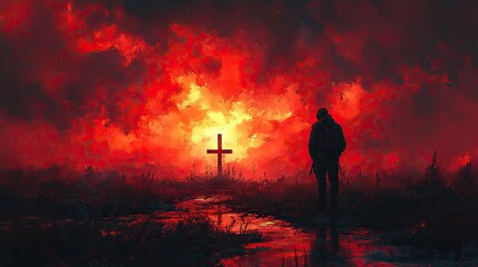 Obraz premium soldier praying in front of a cross on the background of a burning night digital painting