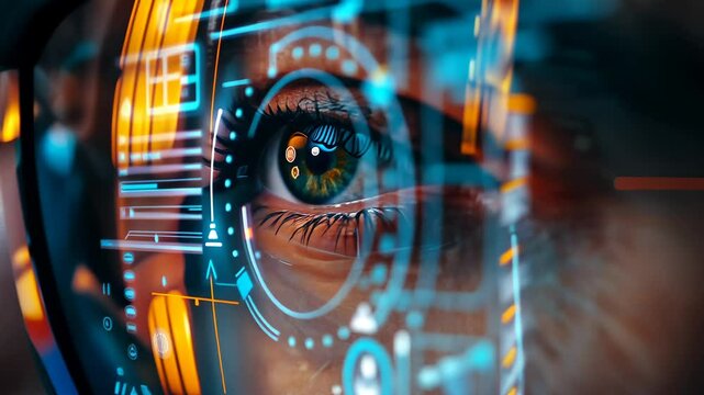 A close view focuses on a person&acirc;&euro;&trade;s eye illuminated by reflections from advanced smart glasses, showcasing a vibrant digital interface in a modern environment.