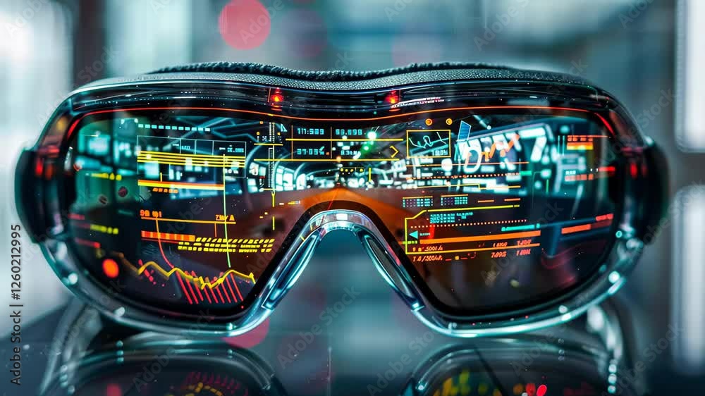 Poster a pair of advanced augmented reality goggles showcases colorful data streams in a modern workspace, 