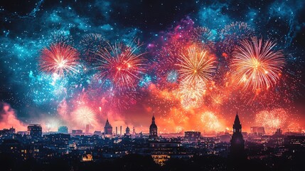 Naklejka premium Festive Fireworks Display Over Cityscape at Night