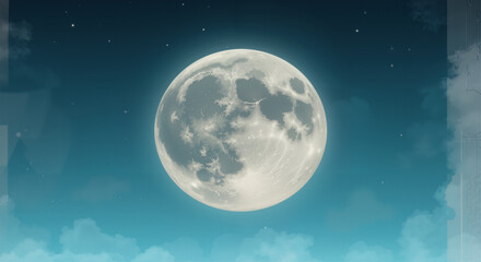 Fototapeta premium A serene and majestic full moon, illuminated against a dark cyan night sky,