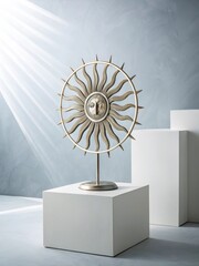 Bronze Metal Sun Sculpture with Stylized Face and Radiating Rays