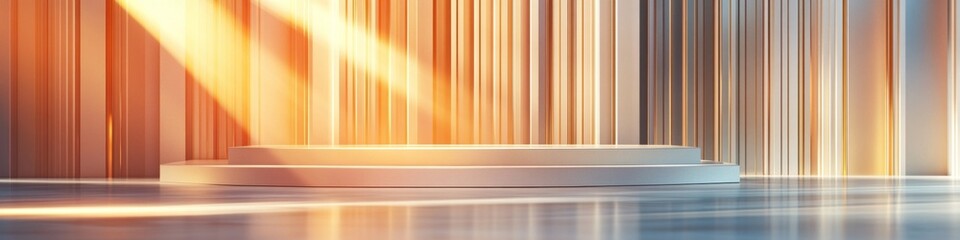 Warm light illuminates a minimalist, two-tiered display platform. Ideal for product showcasing or presentations.