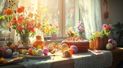 Easter, beautifully decorated Easter table, bright spring colors, traditional dishes, painted eggs, Easter cake, sunny lighting, cozy atmosphere