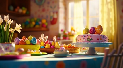Easter, beautifully decorated Easter table, bright spring colors, traditional dishes, painted eggs, Easter cake, sunny lighting, cozy atmosphere