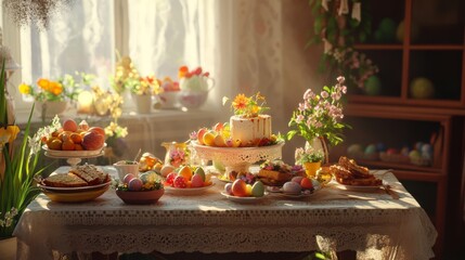 Easter, beautifully decorated Easter table, bright spring colors, traditional dishes, painted eggs, Easter cake, sunny lighting, cozy atmosphere