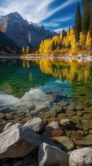 Fototapeta premium Crystal clear mountain lake reflecting autumn forest Phone Background