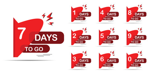 Days to go, Countdown of days 1,2,3,4,5,6,7,8,9,10. The days left badges. A countdown is going on, one day I left a badge and a label to calculate the date of work. Offer timer, Vecort eps 10