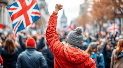 Fototapeta premium Person in red jacket raises fist at a rally. A crowd holds flags in the background.