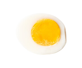 Top view of single cooked or boiled egg with egg yolk in half isolated with clipping path in png file format