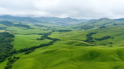 Obraz premium Rolling green hills, valley view, cloudy sky, pastoral landscape, travel