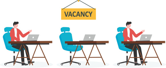 Busines concept vector illustration of two people working on the computers with one empty desk. Job vacancy, new recruitment, trainee, occupation, job search theme
