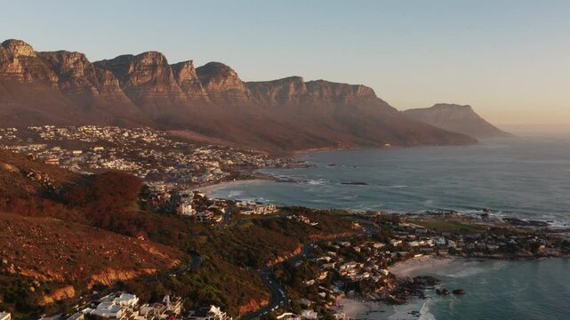 Sunset Drone Shot of the Twelve Apostles in Camps Bay, South Africa