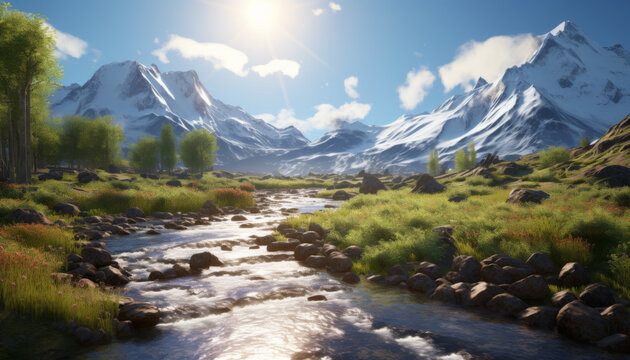 A rocky mountain river flows through a valley with sparse trees and bushes against a mountainous backdrop and sunlit blue sky.