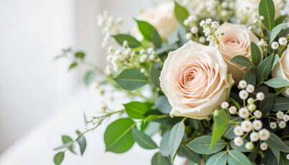 Bouquet of soft pink roses with greenery
