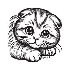 Vector illustration of a lop-eared kitten in line art style. Simple. Design for clothes, packaging. Vector