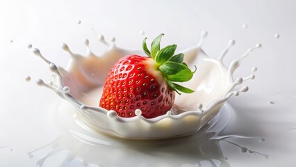 A juicy strawberry falls into a milk splash