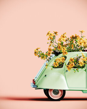 Fototapeta Old mint green retro car full of yellow spring flowers on pink background with copy space. Spring is here concept design. 3D Rendering, 3D Illustration