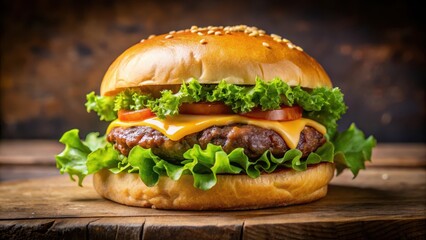 Juicy burger patty on a toasted bun with melted cheese and crispy lettuce , tasty, restaurant,  tasty, restaurant
