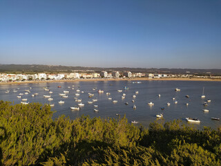 Coastal view of a vibrant waterfront town with boats in the harbor on a clear sunny day