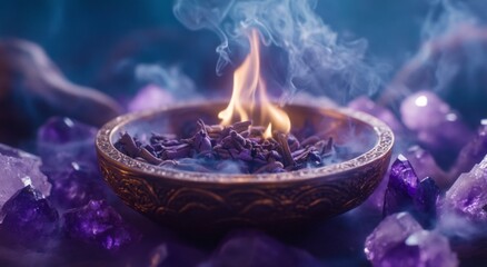 Burning herbs and crystals create a mystical atmosphere.
