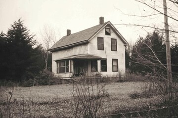 Old farmhouse in monochrome. Rustic charm.