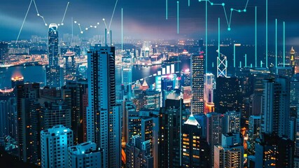 The vibrant skyline of Hong Kong lights up the night with its towering skyscrapers reflecting city life, while digital graphs overlay the scene, indicating market insights. - Powered by Adobe