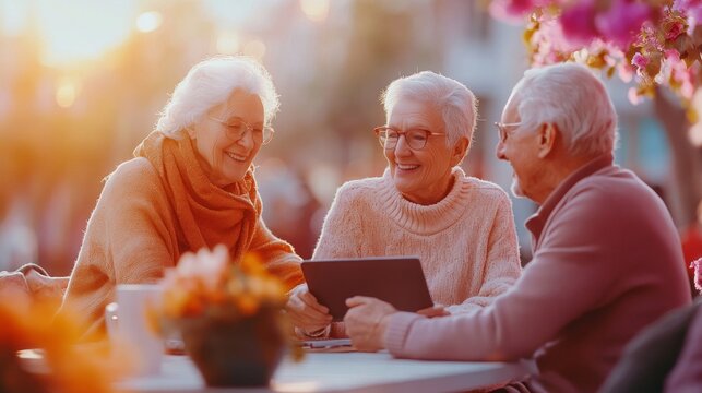 Three smiling senior friends using a tablet together outdoors at sunset.