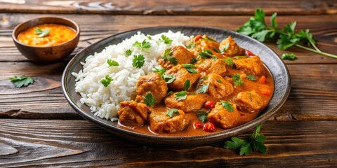 Steaming hot chicken curry served in a large plate with fluffy white rice and garnished with fresh herbs, placed on a wooden table , inviting, steaming