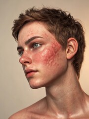 Obraz premium Young Person Showing Inflamed Skin and Scarring on Cheek