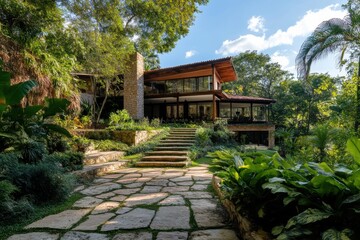 Fototapeta premium Luxury home nestled in lush greenery.