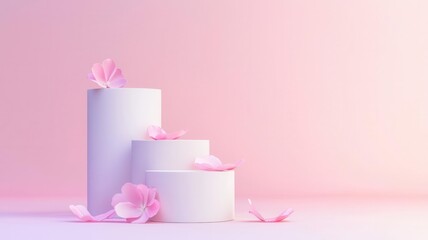 Tiered podium with pastel petals falling and soft spring lighting, minimal and elegant product presentation concept